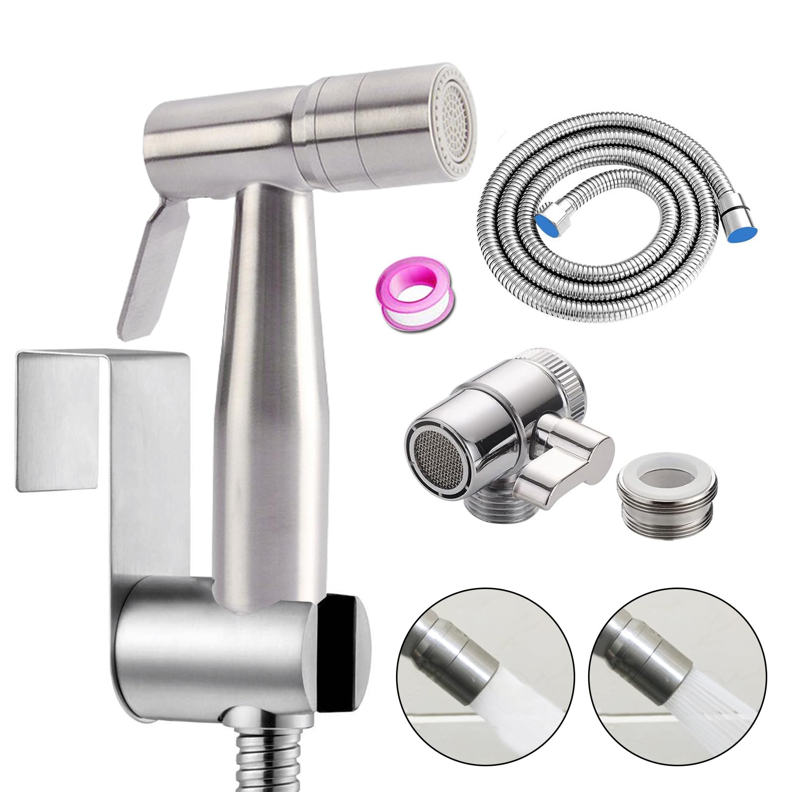ABSOK Bidet Sprayer Kit, 2 Modes Stainless Steel Bidet Hand Shower for Bidet Toilet Shower with 2 Way Shower Diverter, 1.5m Shower Hose and Hand Shower Holder, T-60