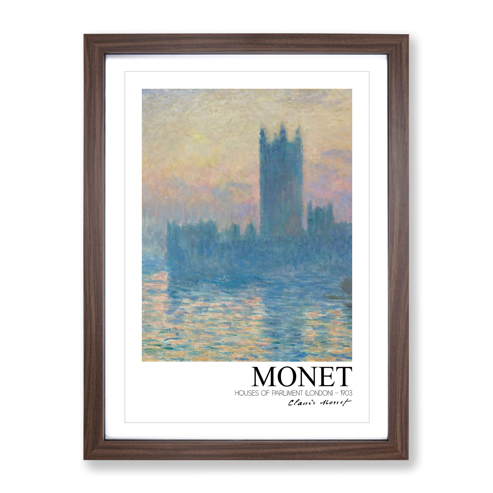Houses Of Parliament With Border By Claude Monet Classic Painting Hrz Framed Wall Art Print, Ready to Hang Picture for Living Room Bedroom Home Office Décor, Walnut A4 (34 x 25 cm)