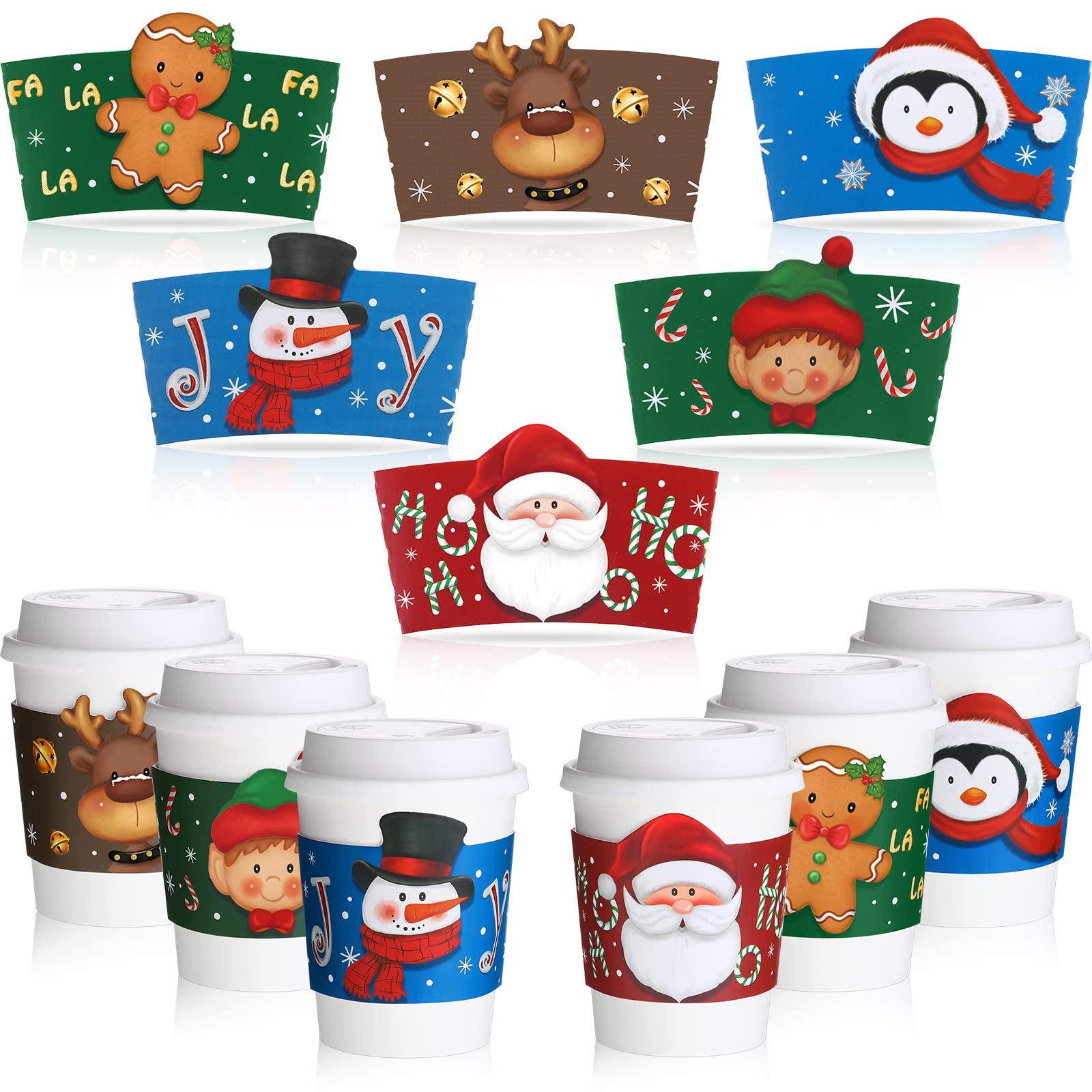 Faccito 72 Pieces Christmas Coffee Cup Sleeves Bulk for 12 oz, 16 oz Christmas Disposable Corrugated Paper Cup Sleeves with Snowman Santa Reindeer Pattern for Tea Hot Chocolate Cocoa Cold Beverage