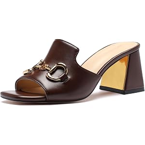 VICKI·VICKI Square Open Toe Heeled Sandals for Women, Chunky Block Heels Metal Chain Slip on Mules Summer Casual Party Dressy