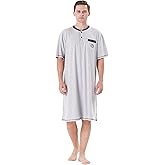 Keyocean Men Nightshirt, 100% Cotton Soft Comfy Short Sleeves Henley Neck Sleeping Loungewear