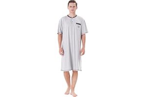 Keyocean Men Nightshirt, 100% Cotton Soft Comfy Short Sleeves Henley Neck Sleeping Loungewear