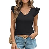TICTICMIMI Women's V Neck Lace Cap Sleeve Tops Summer Casual T Shirts