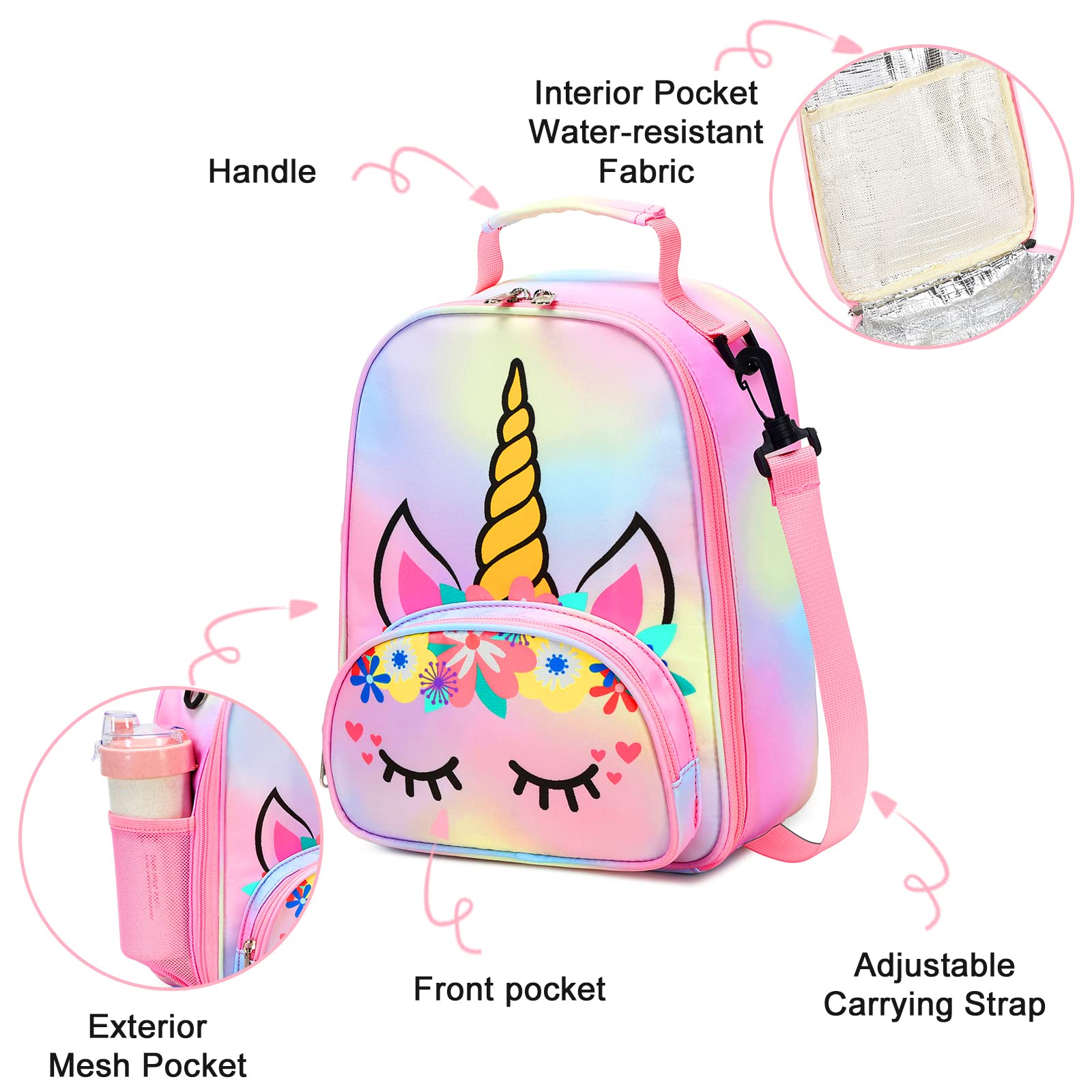 BTOOP Lunch Box Kids for Girls Insulated Lunch Bag Cute Reusable Toddler Thermal Meal Cooler Tote Crossbody Bags with Removable Shoulder Strap for School Travel (Rainbow 1)