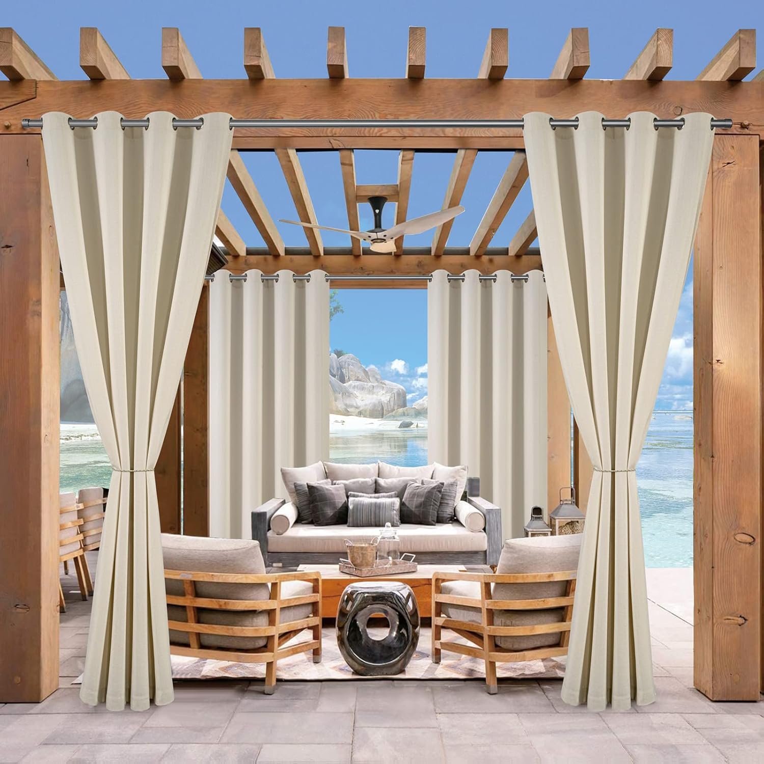 Outdoor Curtains - Voday (2 Panels) Linen Look Waterproof Outdoor Curtains for Patio - UV Sunlight Heat Blocking 54x84 Inch Home Curtain - Rustproof Grommet Blackout Curtains for Indoor, Pergola, Porch, Garden, Cabana