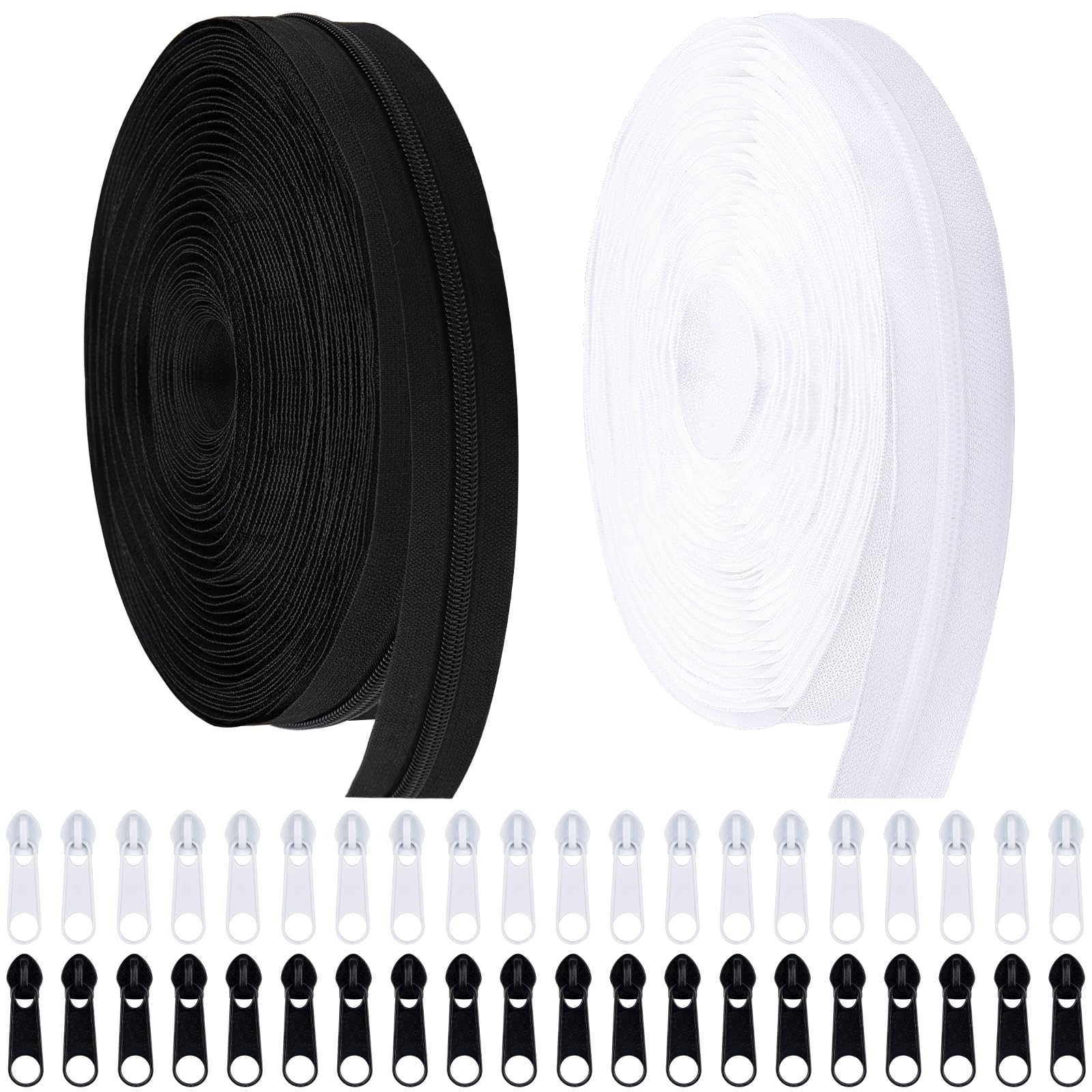 DOITEM #5 Nylon Coil Zippers by The Yard Bulk 10 Yards 9 Meters with 20pcs Zipper Sliders for DIY Sewing Tailor Craft Bag Garment Home Textile (Black and White, #5)