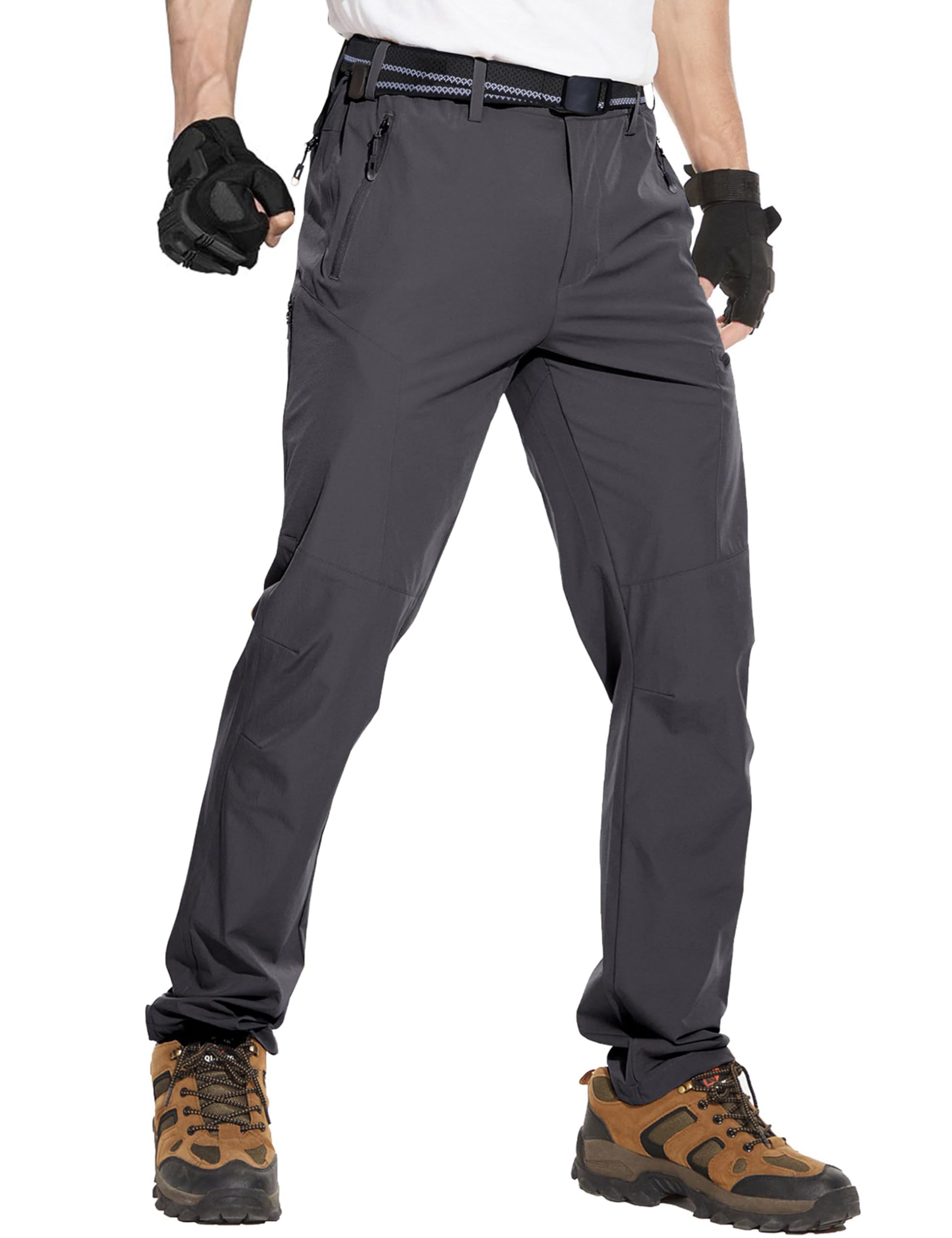Photo 1 of NOUKOW Men's Outdoor Hiking Pants, Quick Dry Lightweight Waterproof Work Pants for Men, Stretch Joggers Golf Travel Pants with 6 Zip Pockets and Belt Dark Grey