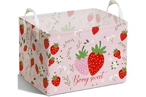 DEANHOT Strawberry Foldable Storage Box, Strawberries Waterproof Fabric Toy Organizer Box for Boys Girls, Strawberries Storage Boxes for Nursery Room, Strawberry Gifts Basket, Storage Basket for Room Decor