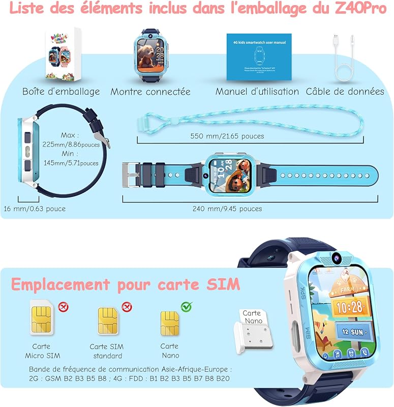 Montre Connectée Enfant 4G avec GPS, Appel Vidéo & Téléphone, SOS, Écran HD 1,85", IP68 Étanche, Mode École, Podomètre, Cadeau pour Fille et Garçon — photo 8 sur 8