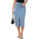 luvamia Jean Skirts for Women Denim Trendy Casual Stretchy High Waisted Midi Front Pockets Below Knee Skirt with Slit