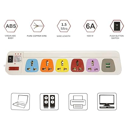 Pinnacle Plastic 1.5 m Spike Guard with USB Ports, 5 Sockets and Surge Protector for Home, Shops, Cyber Cafes (White)