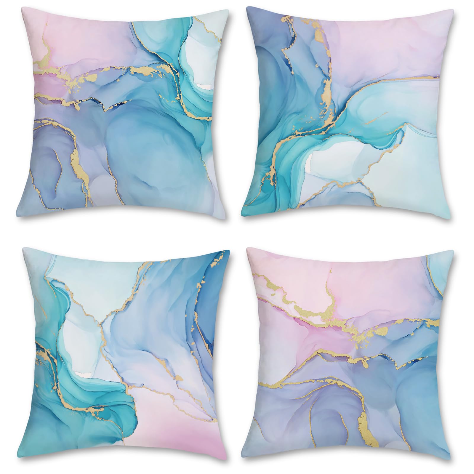 Bonhause Colorful Marble Cushion Covers 45 x 45 cm Pink Purple Blue Turquoise Watercolor Abstract Modern Decorative Pillow Covers for Sofa Bed Home Patio Decor Set of 4 — image 1