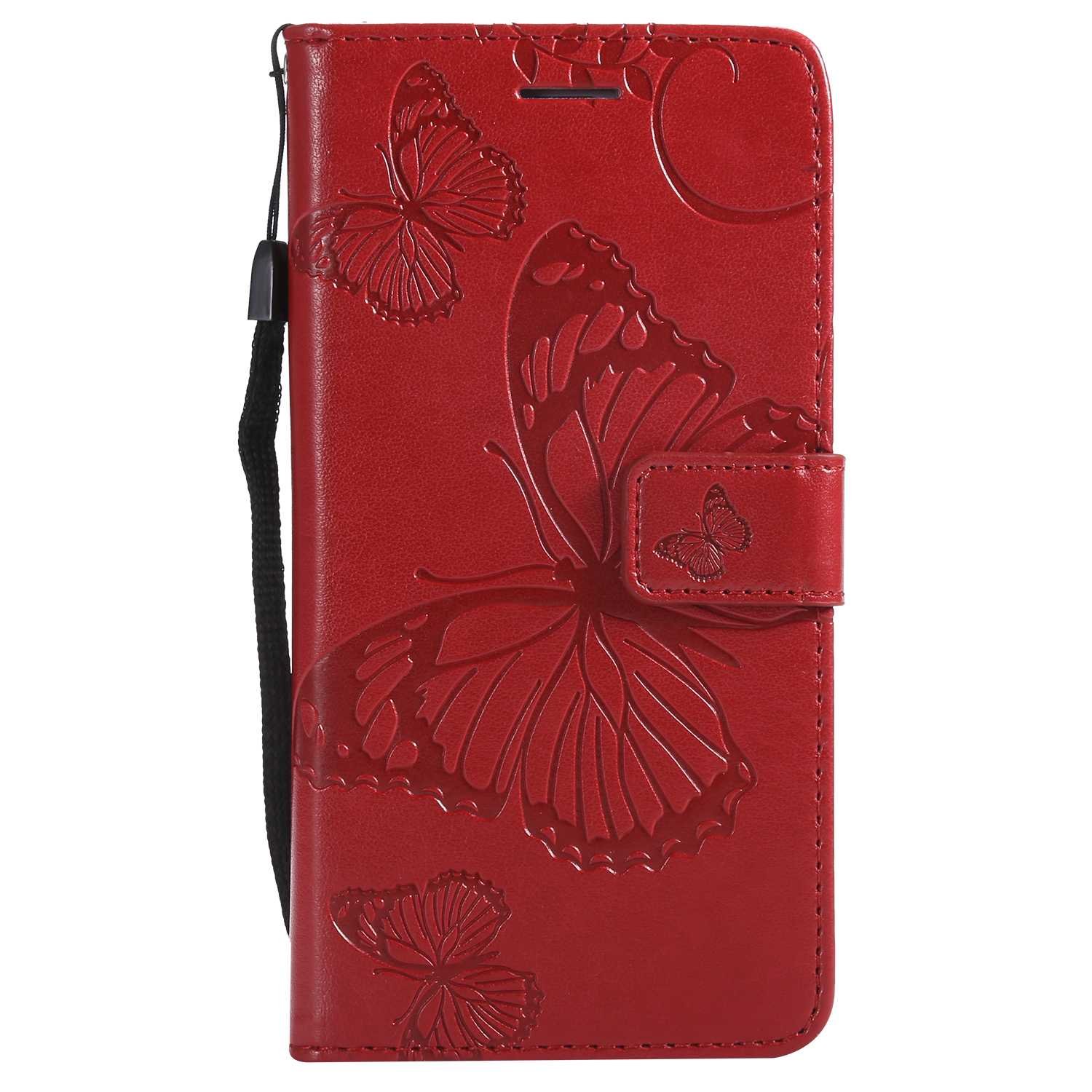 DENDICO Wallet Case for Huawei P9, Flip Leather Case with Card Slots and Stand Feature, Butterfly Pattern Design Protective Cover for Huawei P9 - Red