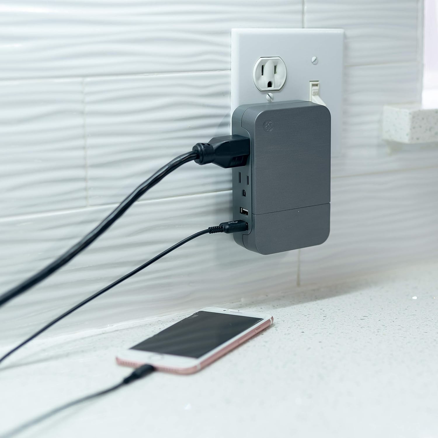 Side Access Plug in Outlet Extender Gray/White UL Listed Warranty Designer Power Outlet Adapter