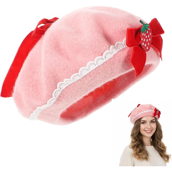 KESYOO Berets Strawberry Bow Woolen Beret Hat Wool Cap Pink  display picture 1
