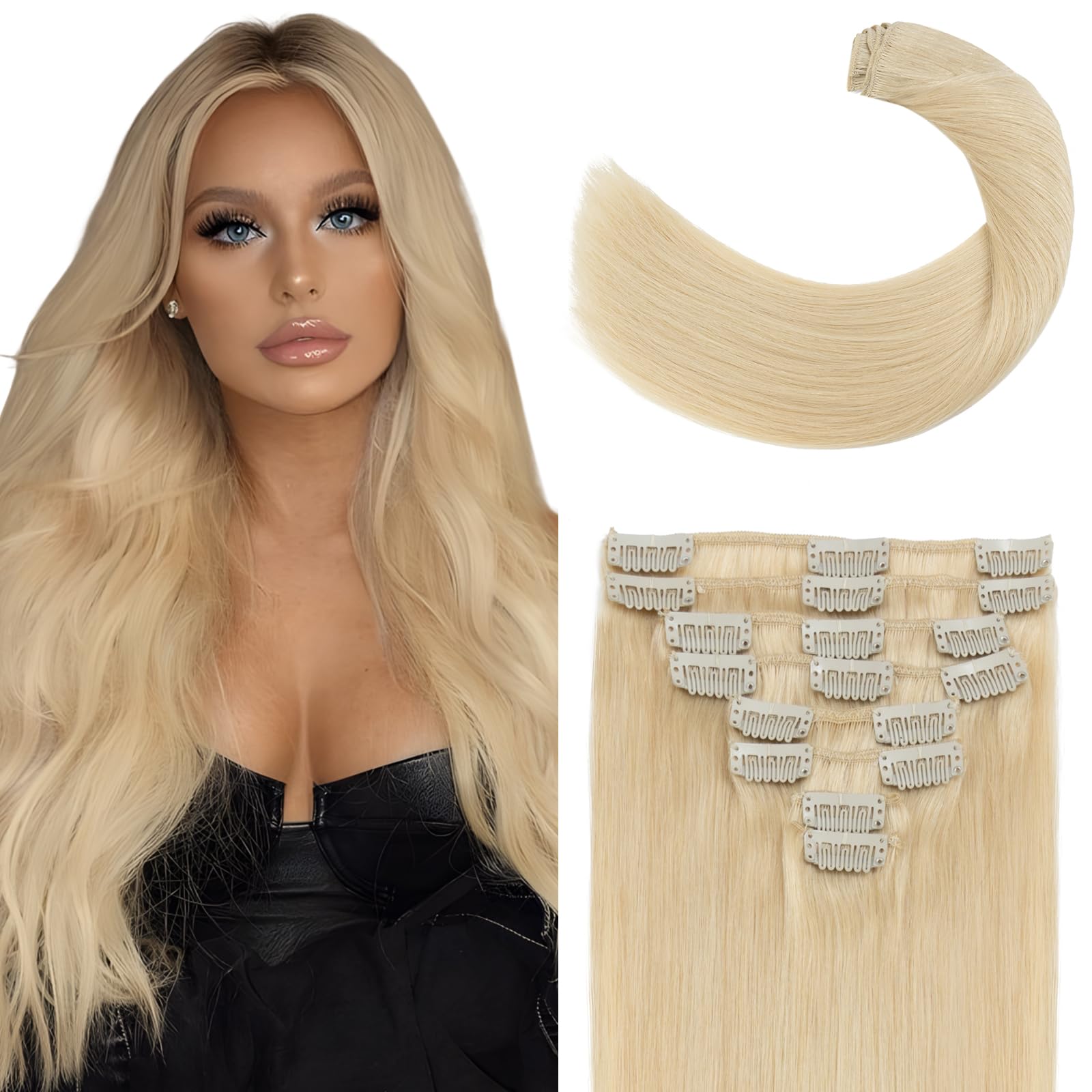 Elailite Clip in Hair Extensions Real Human Hair 8 Pieces Standard Weft Straight - #613 Bleach Blonde - 24 Inch (120 g)