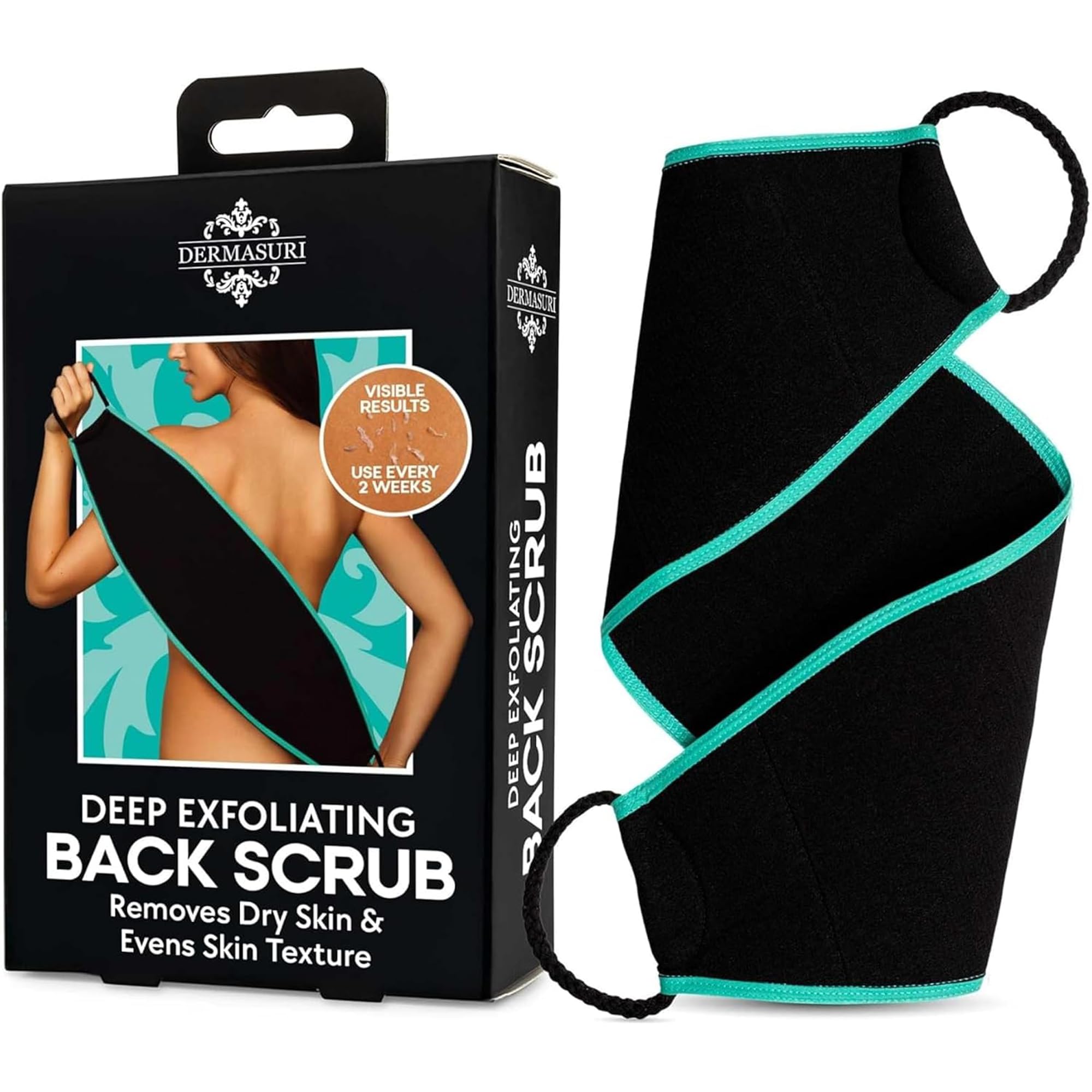 Dermasuri Deep Exfoliating Back Scrubber - Body Exfoliator Scrub - Exfoliating Shower Towel - Dual-Texture Shower Scrubber for Men and Women, Reusable Back Scrub Bath Accessory, 27" Long, 8" Wide