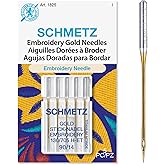 SCHMETZ Gold Embroidery Sewing Machine Needles - Titanium Coated for Smooth Stitching, Size 90/14, 5-Needle Cards, Pack of 1