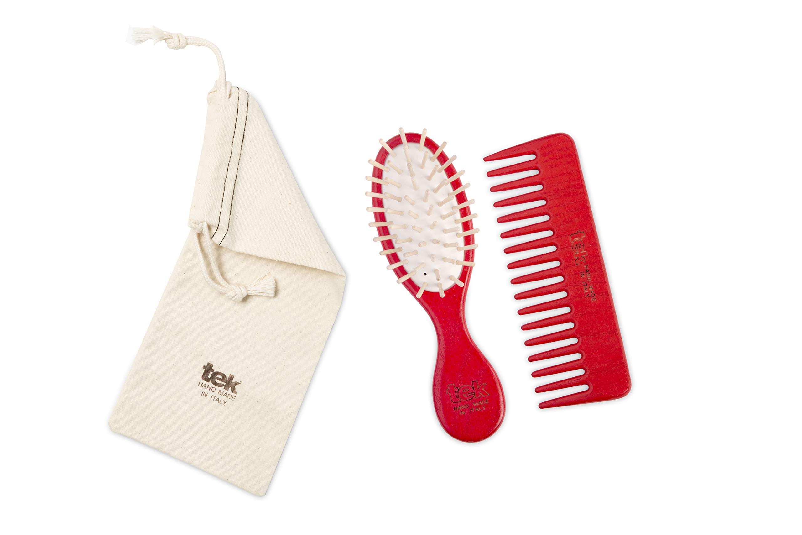 TEK - Handbag Kit: Small Oval Brush and Small Rado Red Comb with Cotton Case, Handmade in Italy