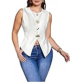 winkbay Women's Plus Size Button Up Blazer Vest Elegant Crew Neck Split Hem Business Work Waistcoat