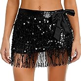 Women’s Sequin Fringe Mini Skirt, Sparkly Tassel Hip Scarf Wrap for Rave Outfits