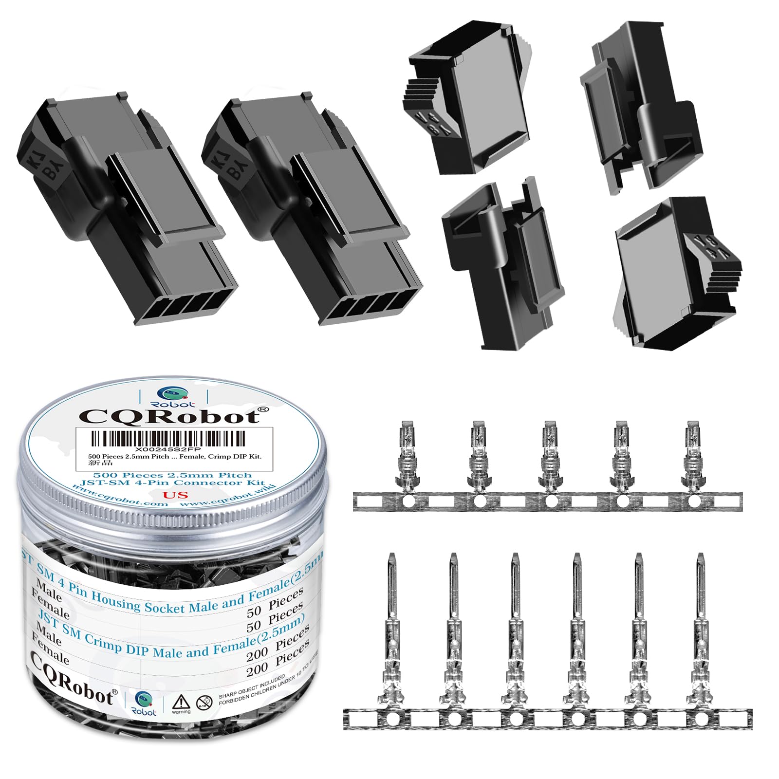 CQRobot JST SM 2.5 mm Pitch 4-Pin Electronic Connector IC Male Plugs, Female Sockets Housing and Male/Female T-Shaped Crimp Terminal Kit. 50 Sets/500 Pieces Wire-Wire Adapter Cable Assembly.
