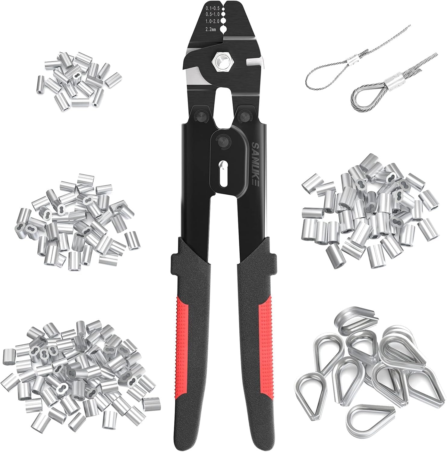Photo 1 of Sanuke Wire Rope Crimping Tool for 3/64 1/16 5/64 inch Aluminum Crimping Loop Sleeves Kit with 160pcs Aluminum Crimping Loop Sleeve and 10pcs Stainless Steel Thimble