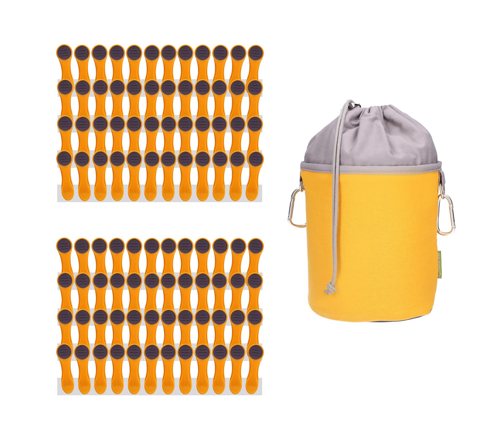 96 Clothes Pegs with Compression Spring Made of Stainless Steel, Soft Touch Yellow Orange, 1 Canvas Clothes Peg Bag Yellow Grey