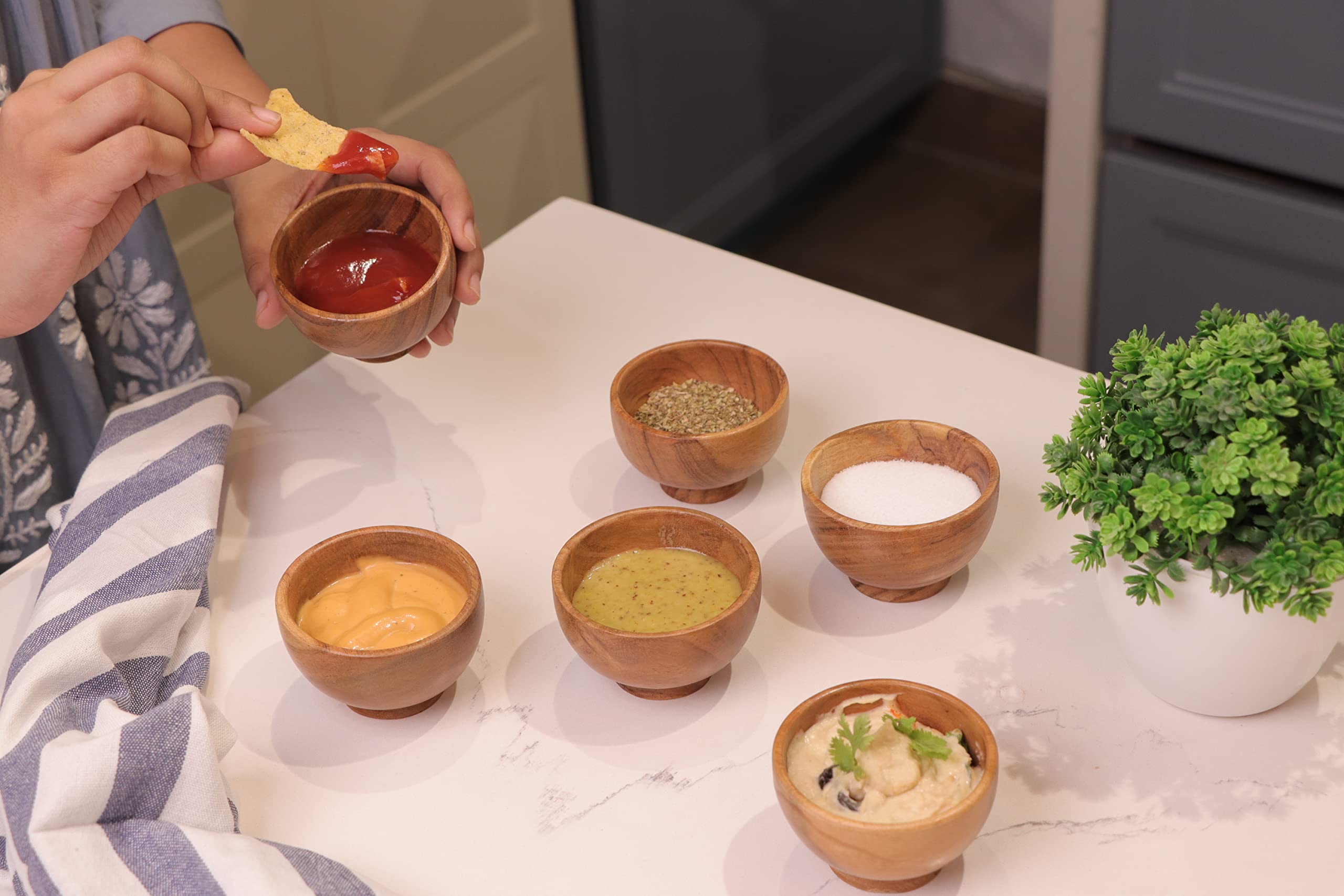 LAVAUX DESIGNS Set of 6 Acacia wood small bowls, 4 fl oz 3.25 * 2 inches | Hand carved wooden Kitchen Mini Cups for dipping sauce, salsa, Prep, salt & Condiments | Charcuterie board accessories - Image 2