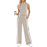 Casly Lamiit Womens 2 Piece Lounge Set Stripes Travel Outfits Sweatsuit Mock Neck Tank Top Wide Leg Pants Casual Activewear
