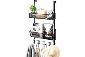 HapiRm Over The Door Hooks Organizer - High Capacity Over Door Hanger, 9 Hooks + 2 Mesh Baskets Storage for Hanging Clothes T