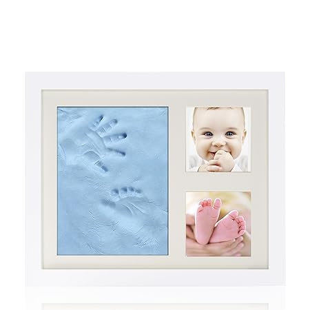 WEYO Baby Handabdruck und Fußabdruck Fotoalbum mit schadstofffreiem Gips, Baby Bilderrahmen Set aus Holz mit Glasfront für Ba