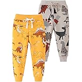 AQEACARMON Toddler Baby Boy's Cartoon Print Dinosaur Car Animal Cotton Pants Drawstring Elastic Sweatpant(2-Pack 3-Pack)