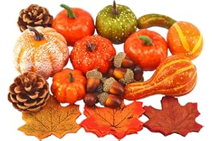 JEDFORE Mixture of Artificial Pumpkins, Lifelike Maple Leaves, Realistic Acorn with Natural Cap, Pine Cones for Festival Halloween Thanksgiving Fall Harvest Home Decoration(50pcs)