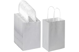 100 Pack 5.25x3.25x8.25 inch Small Kraft Bags with Handles Bulk, Oikss Paper Bags Birthday Wedding Party Favors Grocery Retail Shopping Business Goody Craft Gift Bags Cub Sacks (Silver Grey 100 Count)