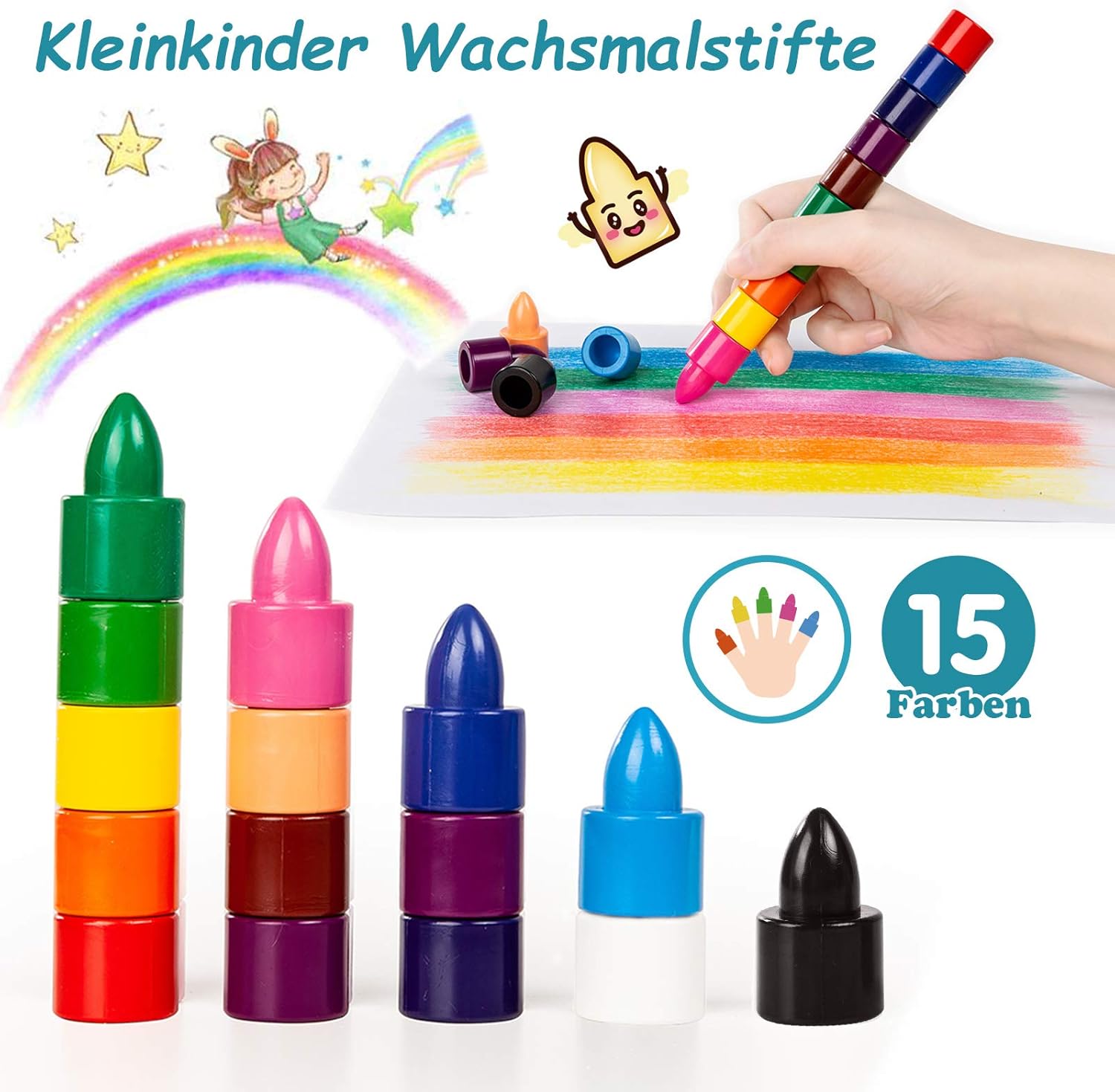 WONDERFORU Kleinkinder Wachsmalstifte 15 Farben ungiftig wachsmalkreide