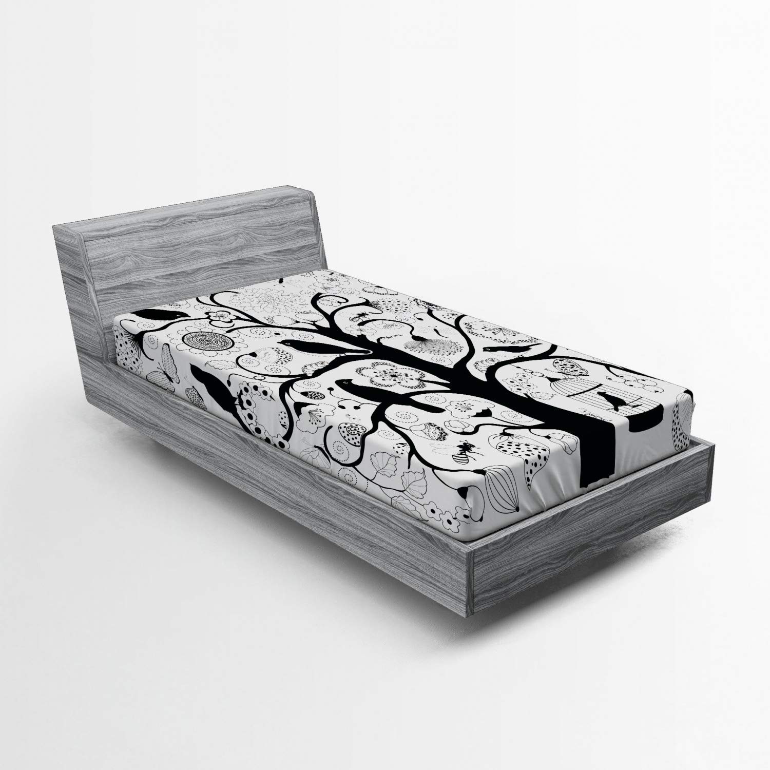 Ambesonne Black and White Fitted Sheet, Tree with