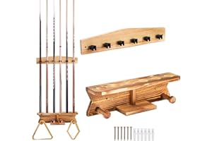 Pumtus Wall Mount Pool Cue Stick Holder, Wood Billiard Cue Rack, Hold 6 Cues and 2 Triangle Racks, Sturdy Billiard Stick Wall Rack, Pool Table Accessories Organizer for Billiard Room, Game Room, Bar