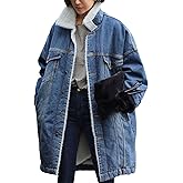 loveimgs Women Long Sherpa Fleece Lined Jeans Jacket Denim Trench Coat Thicken Button Down Patchwork Trucker Coat Overcoat