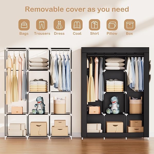 PORTABLE CLOSET FOR HANGING CLOTHES – 66.7-INCH LARGE CAPACITY CLOTHES RACK WITH HOOD, 8 STORAGE SHELVES, 2 HANGING ROD AND 3 SIDE POCKETS,NON-WOVEN FABRIC FREESTANDING CLOSET FOR BEDROOM, BLACK