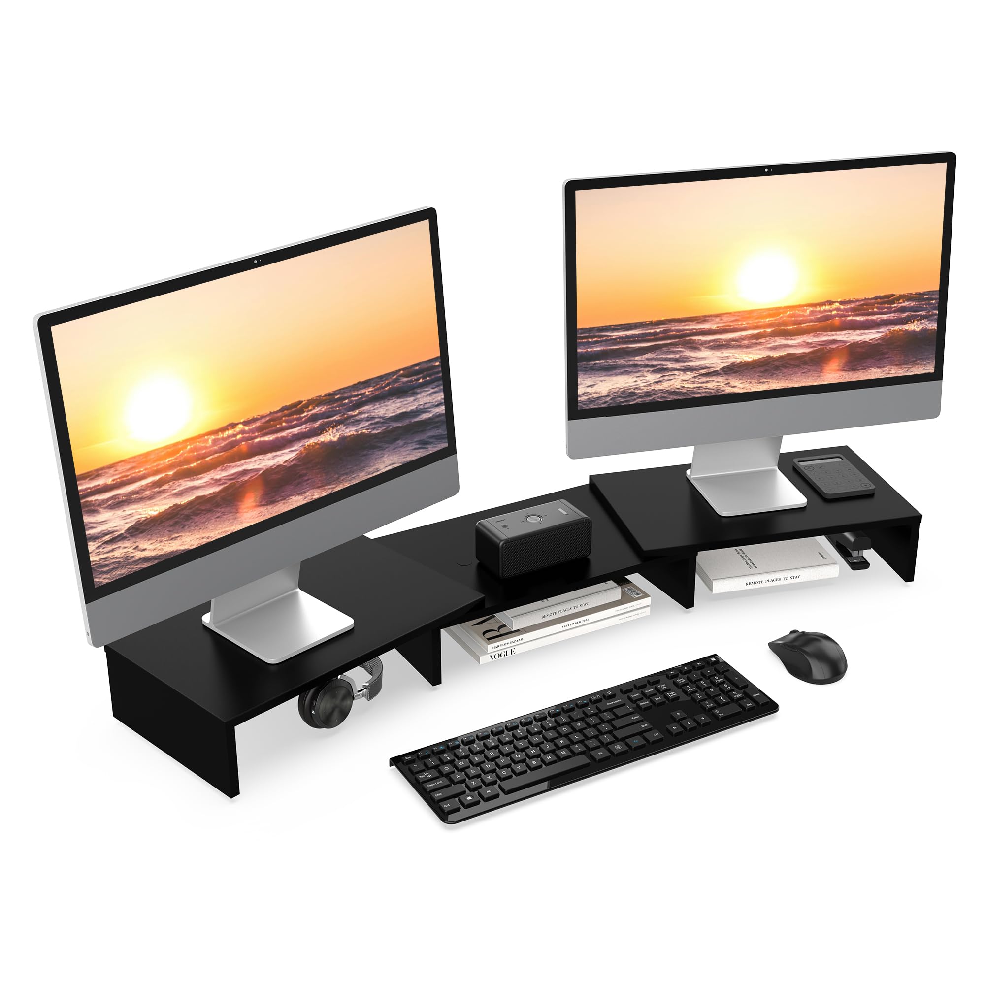 FITUEYES Dual Monitor Stand Wood PC Laptop Computer Screen Riser, 3 Shelf Swivel Length Adjustable, Home Office Supplies, Desk Organzier, Max Load 20kg, Black