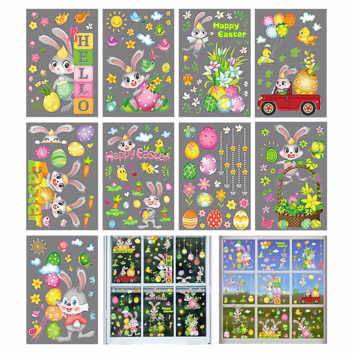 Easter Window Cling Stickers,9 Sheets Double-Sided Easter Window Decals for Easter and Spring Window Decoration（Hello Easter）