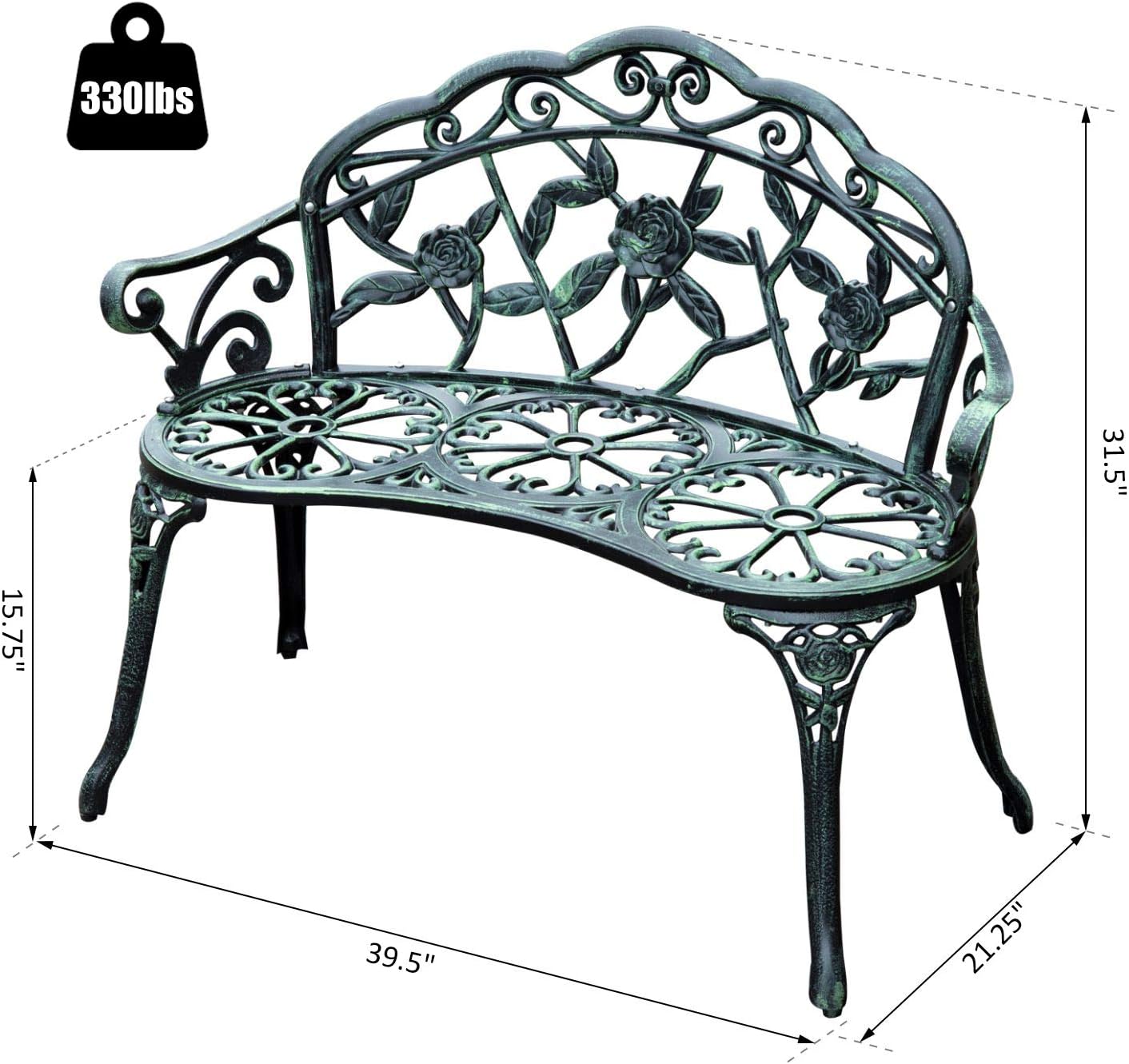 Outsunny 40" Cast Aluminum Antique Rose Style Outdoor Patio Garden Park Bench - Antique Green : Garden & Outdoor