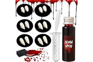 Jaailee 6 Pairs Halloween Vampire Fangs, 3 Sizes Fake Fangs for Cosplay, Fake Blood, Adhesives Beads, tweezerand, Black Stipple Sponge for Zombie Vampire Monster