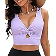 GRAPENT Bikini Tops for Women Cropped Tankini Tops Beach Padded Knot Twist Cut Out Adjustable Tank Swimwear Top Only