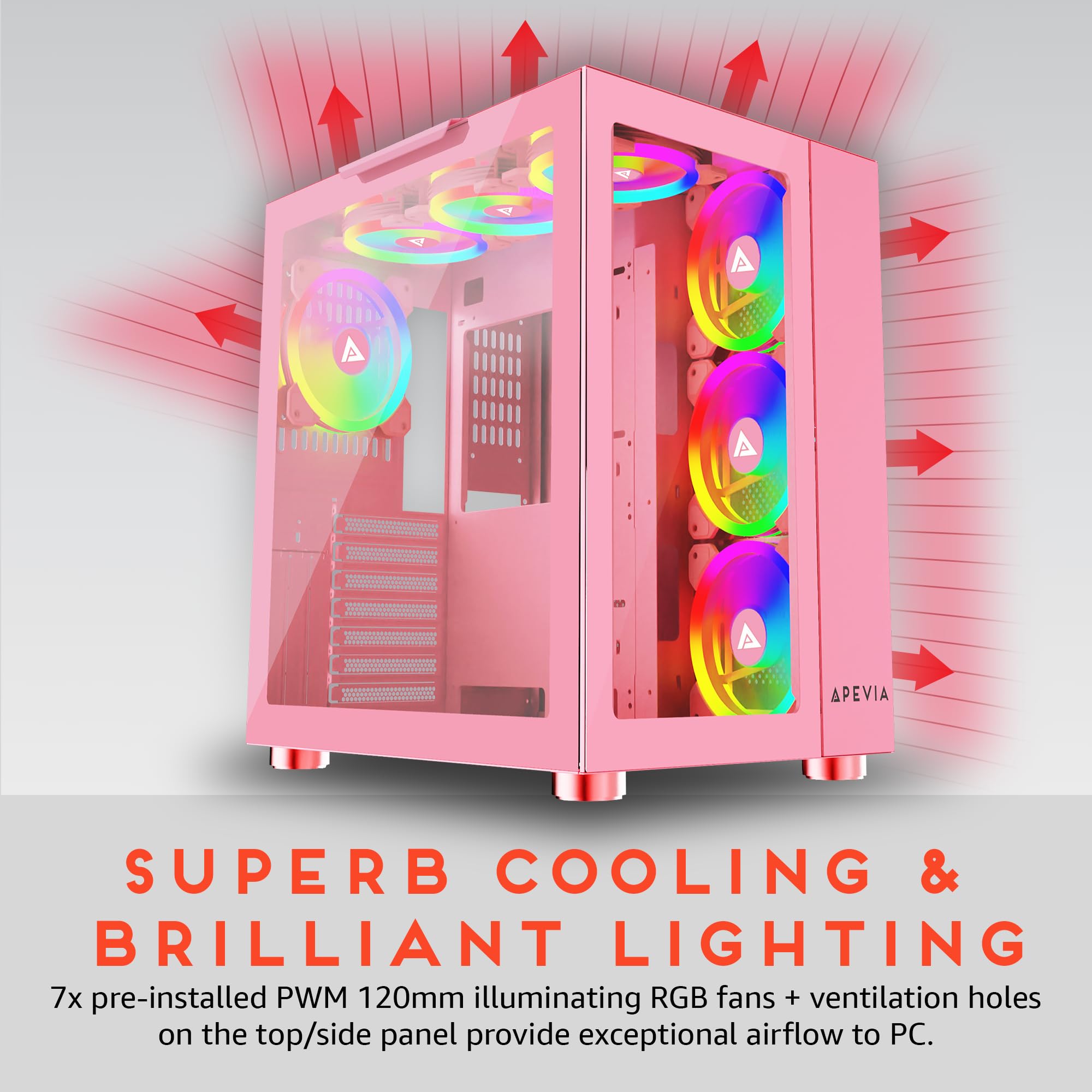 Apevia Prism-Elite-PK Prism Elite Mid Tower ATX Gaming PC Cube Case w/ 7X 120mm PWM ARGB Fans, 366 RGB Modes, Dual Tempered Glass Panels, 360mm Radiator Support, 2X USB3.0, 2X USB 2.0, Pink