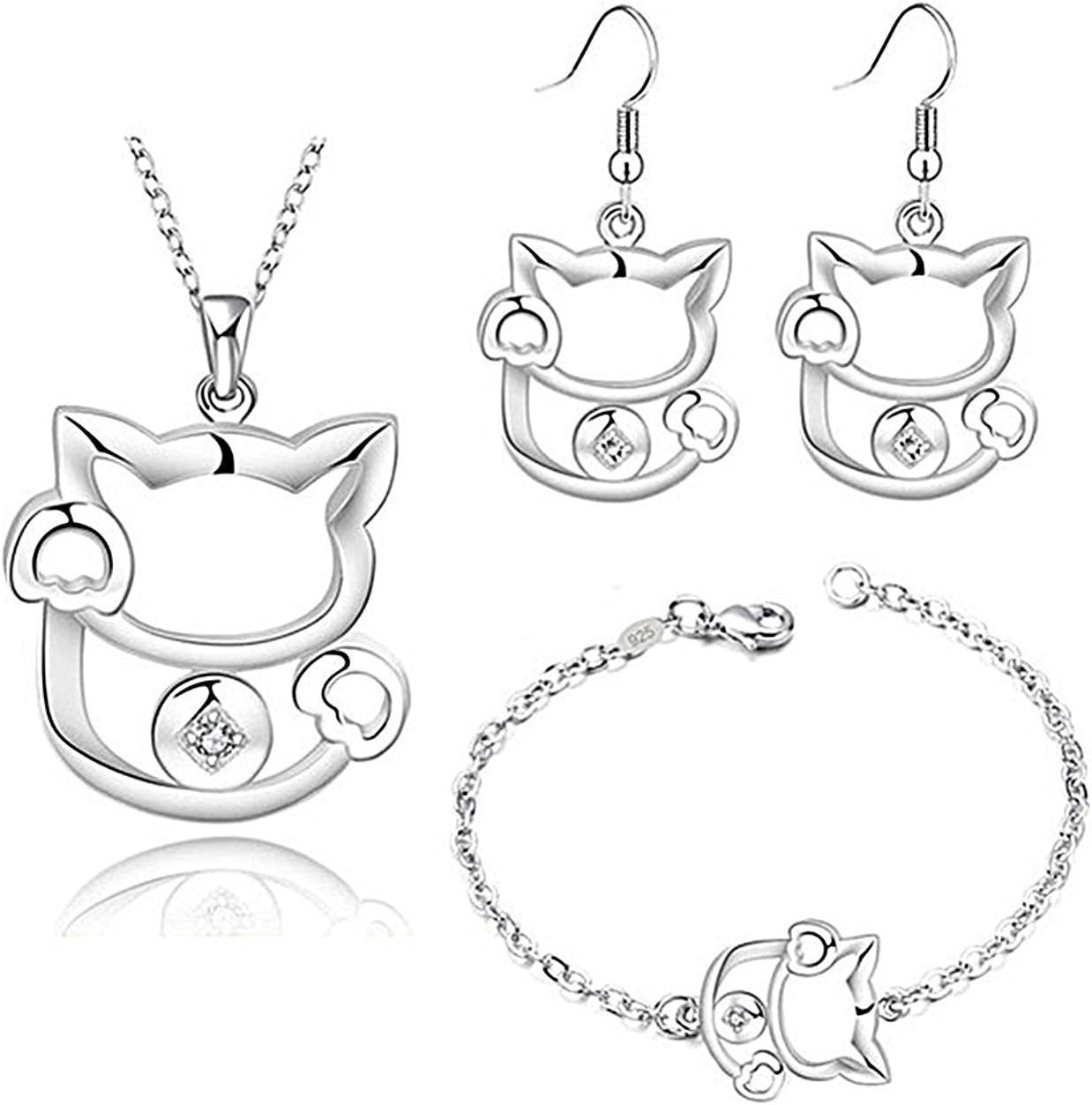Majesto Jewelry Set 925 Sterling Silver Cat Pendant Necklace Drop Earrings and Adjustable Bracelet 17-22 cm Set for Women Teen Girls Prime Gifts