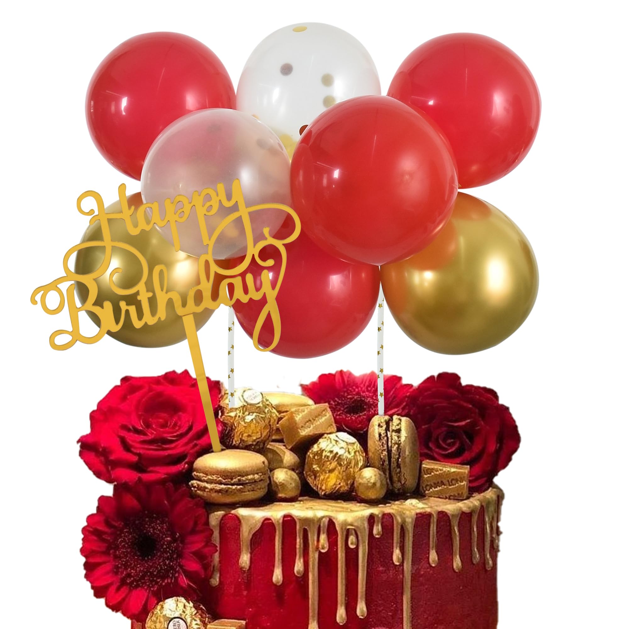 Photo 1 of BEISHIDA Happy Birthday Cupcake Toppers - Red Gold Mini Balloon Cloud Birthday Cake Decorations for Wedding Anniversary Baby Shower Decorations