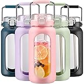 BLUEGO 64oz Water Bottle Glass with Stainless Steel Handle Large Water Bottle with Time Markers and Silicone Sleeve Half Gallon Water Jug BPA Free for Gym Daily Use, Pink