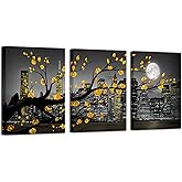HOMEOART New York City Wall Art Yellow Grey Flower Painting Floral Picture Black White Cityscape Canvas Prints Framed Artwork Living Room Bedroom Decoration 12"x16"x3 Pieces